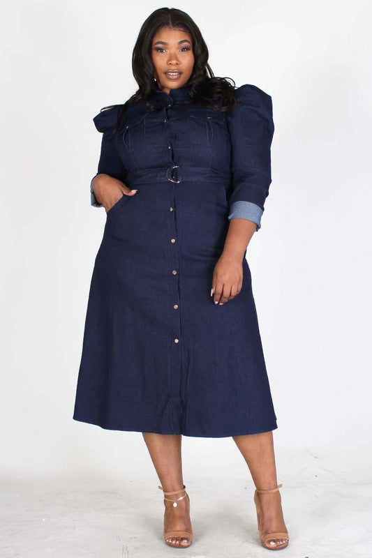 Puff Sleeve Denim Midi Dress Diva's Den Fashion, LLC Puff Sleeve Denim Midi Dress Diva's Den Fashion, LLC