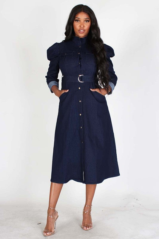 Puff Sleeve Denim Midi Dress – Diva's Den Fashion, LLC