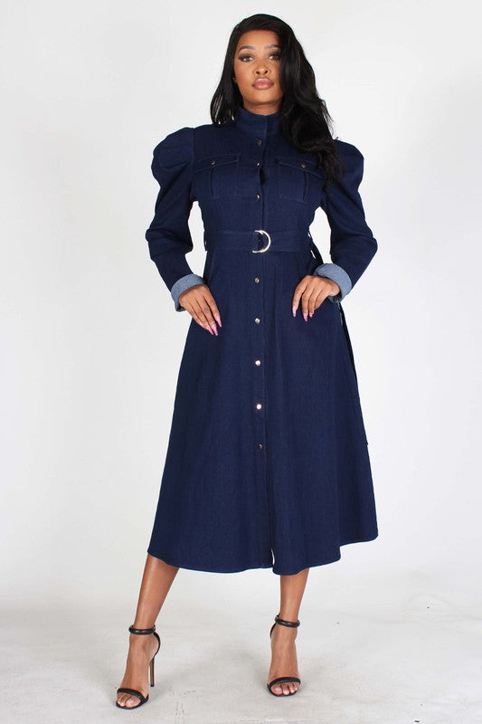 Puff Sleeve Denim Midi Dress S / Dark Denim Puff Sleeve Denim Midi Dress S / Dark Denim