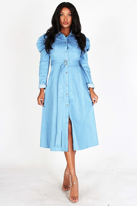 Puff Sleeve Denim Midi Dress L / Light Denim