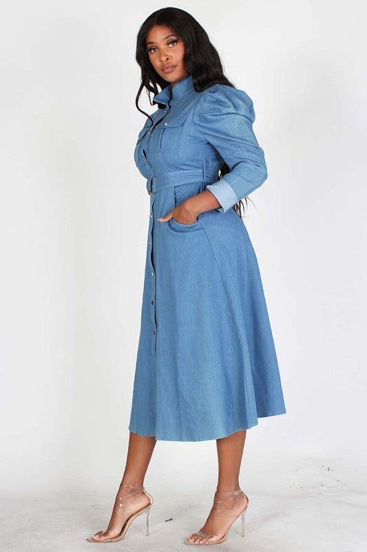 Puff Sleeve Denim Midi Dress – Diva's Den Fashion, LLC