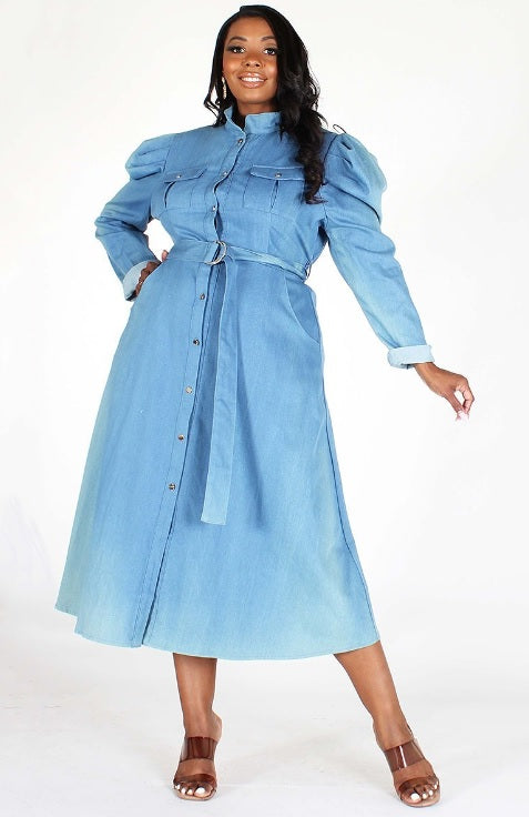 Puff Sleeve Denim Midi Dress L / Light Denim Puff Sleeve Denim Midi Dress L / Light Denim