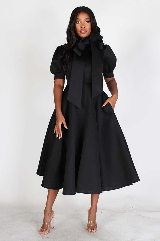 Puff Sleeve Bow Tie Midi Dress Diva's Den Fashion, LLC Puff Sleeve Bow Tie Midi Dress Diva's Den Fashion, LLC