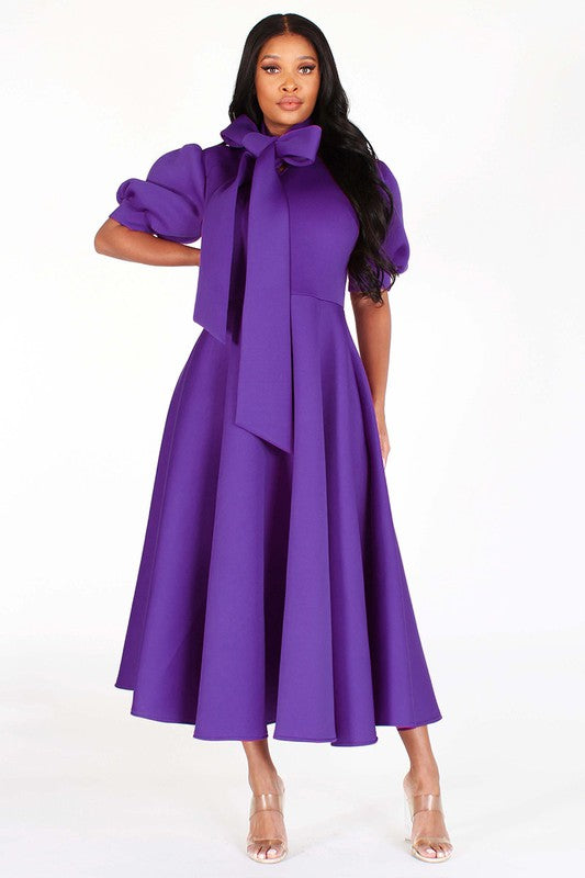 Puff Sleeve Bow Tie Midi Dress