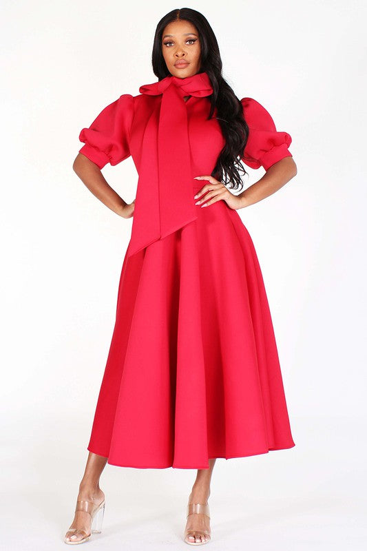 Puff Sleeve Bow Tie Midi Dress Diva's Den Fashion, LLC Puff Sleeve Bow Tie Midi Dress Diva's Den Fashion, LLC