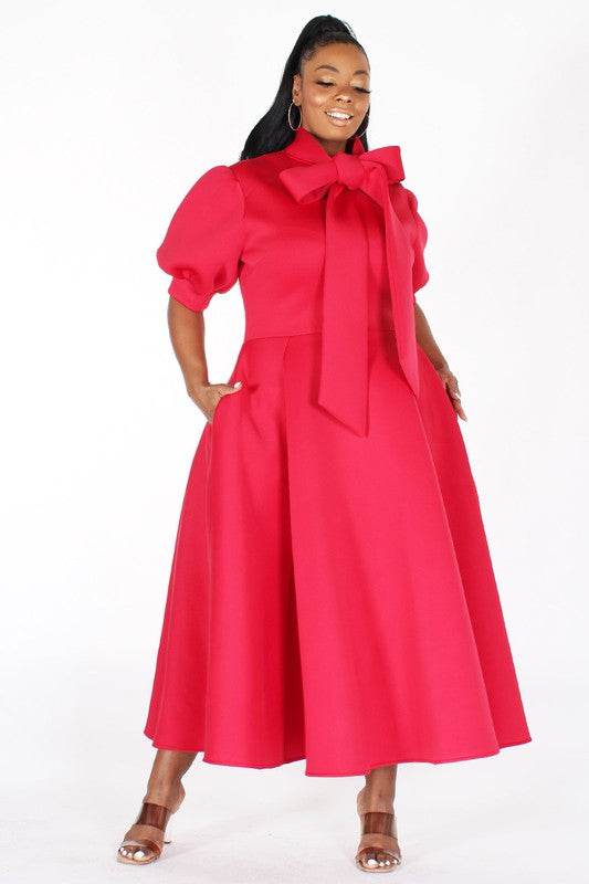 Puff Sleeve Bow Tie Midi Dress – Diva's Den Fashion, LLC