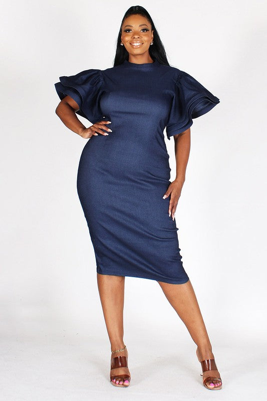 knee length dresses for ladies Butterfly Sleeve Midi Dress S / Dark Denim