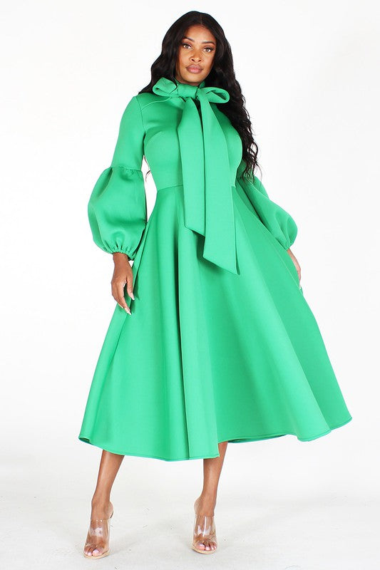 Solid Bow Tie Midi Dress S / Green Solid Bow Tie Midi Dress S / Green