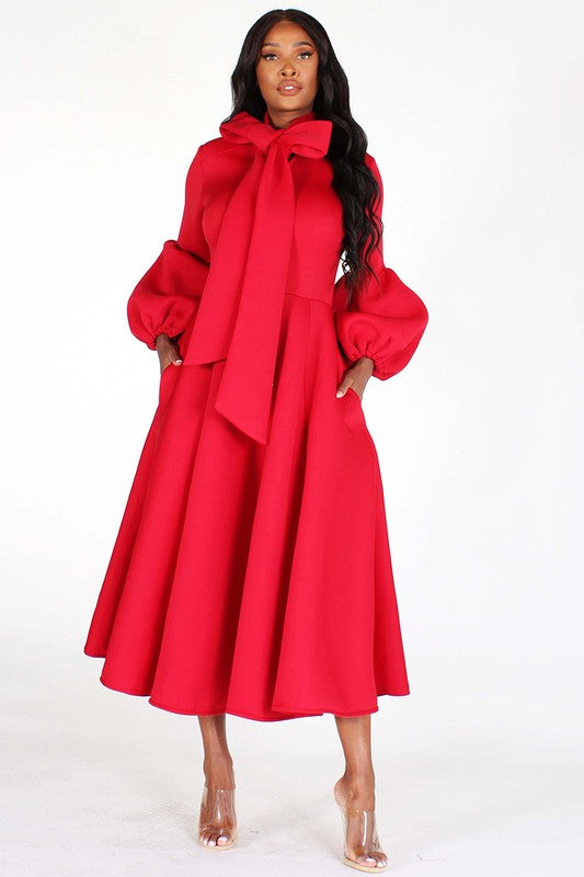Solid Bow Tie Midi Dress S / Red