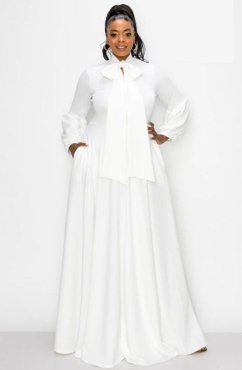 knee length dresses for ladies Sophisticated High-Neck Long Sleeve Fit-And-Flare Wedding Dress With Bow main image 0