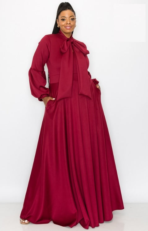 Bow Lantern Sleeve Maxi Dress Diva's Den Fashion, LLC Bow Lantern Sleeve Maxi Dress Diva's Den Fashion, LLC