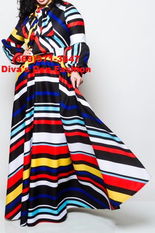 Horizontal Stripe Long Puff Sleeve Dress 2X / Multi