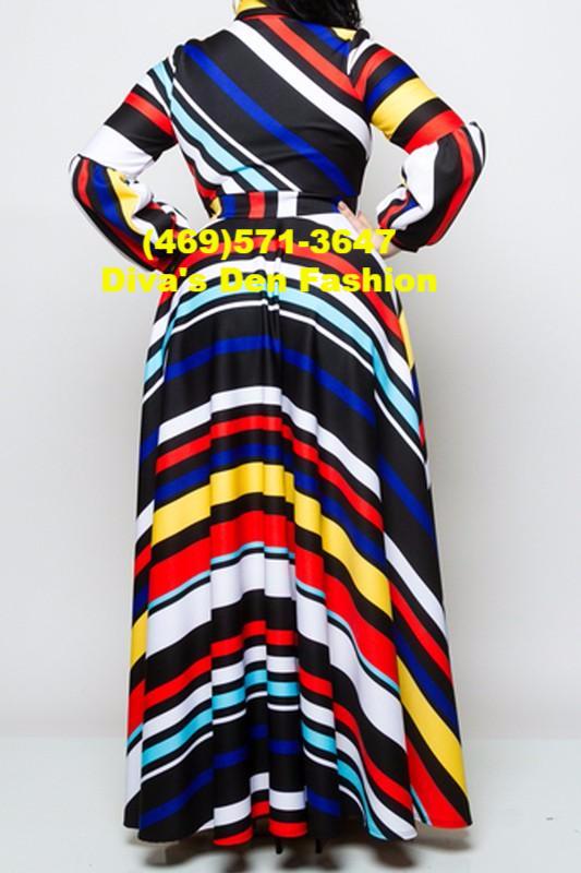 Horizontal Stripe Long Puff Sleeve Dress 2X / Multi