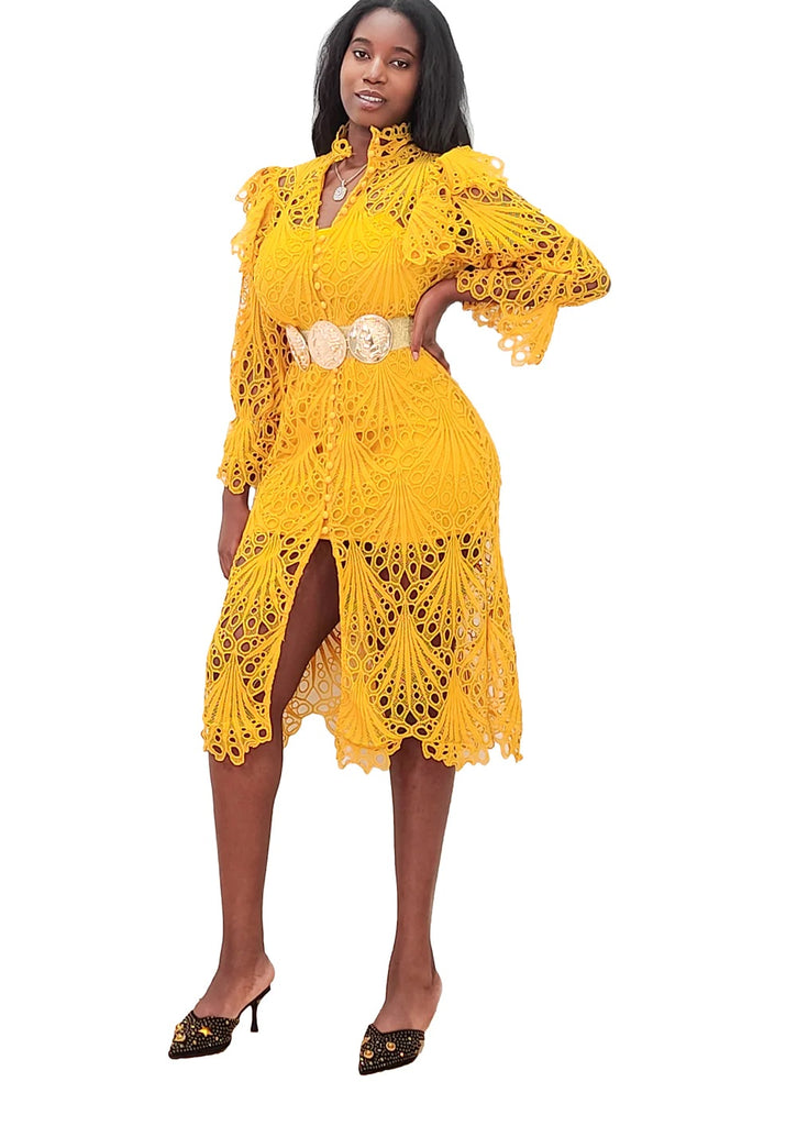 yellow lace overlay dress London Times Yellow Lace Dress 6 Overlay Lined Above Knee Round Neck Floral