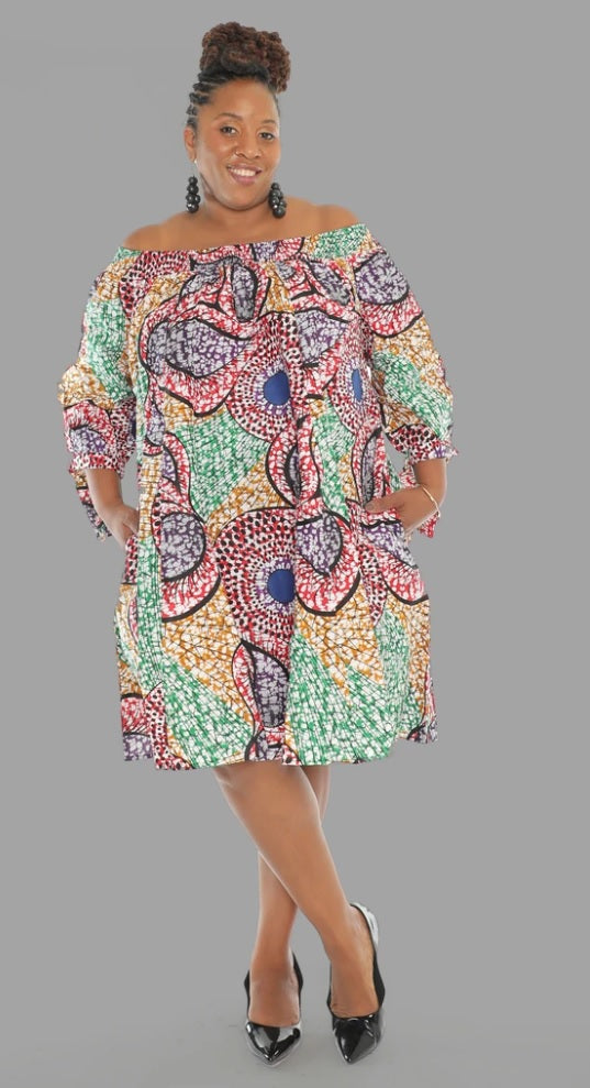 African Print Off Shoulder Dress Green Multi / One Size African Print Off Shoulder Dress Green Multi / One Size