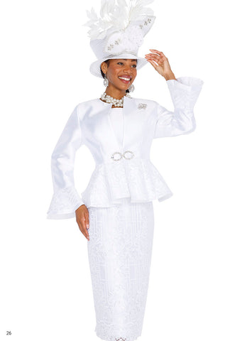 Elite Champagne 5829 white bell sleeve brocade skirt suit