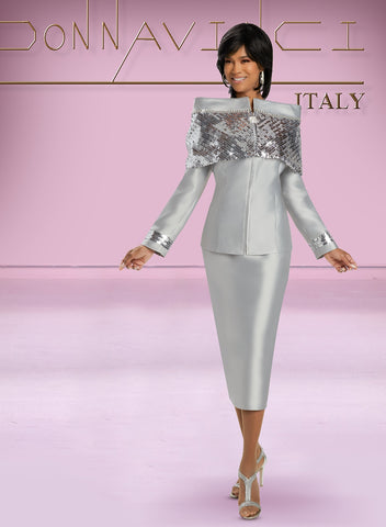 Donna Vinci 12022 portrait collar silk look skirt suit