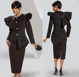 Donna Vinci 12023 black ruffle shoulder scuba skirt suit