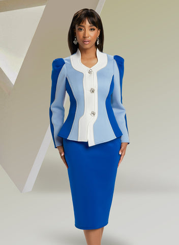 Donna Vinci 12024 blue puff sleeve scuba skirt suit