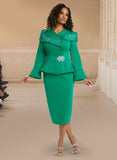 Donna Vinci 12025 green portrait collar scuba skirt suit