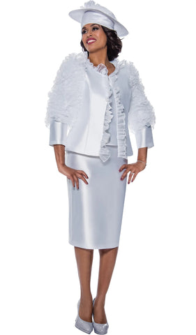 GMI 9713 white ruffle trim skirt suit
