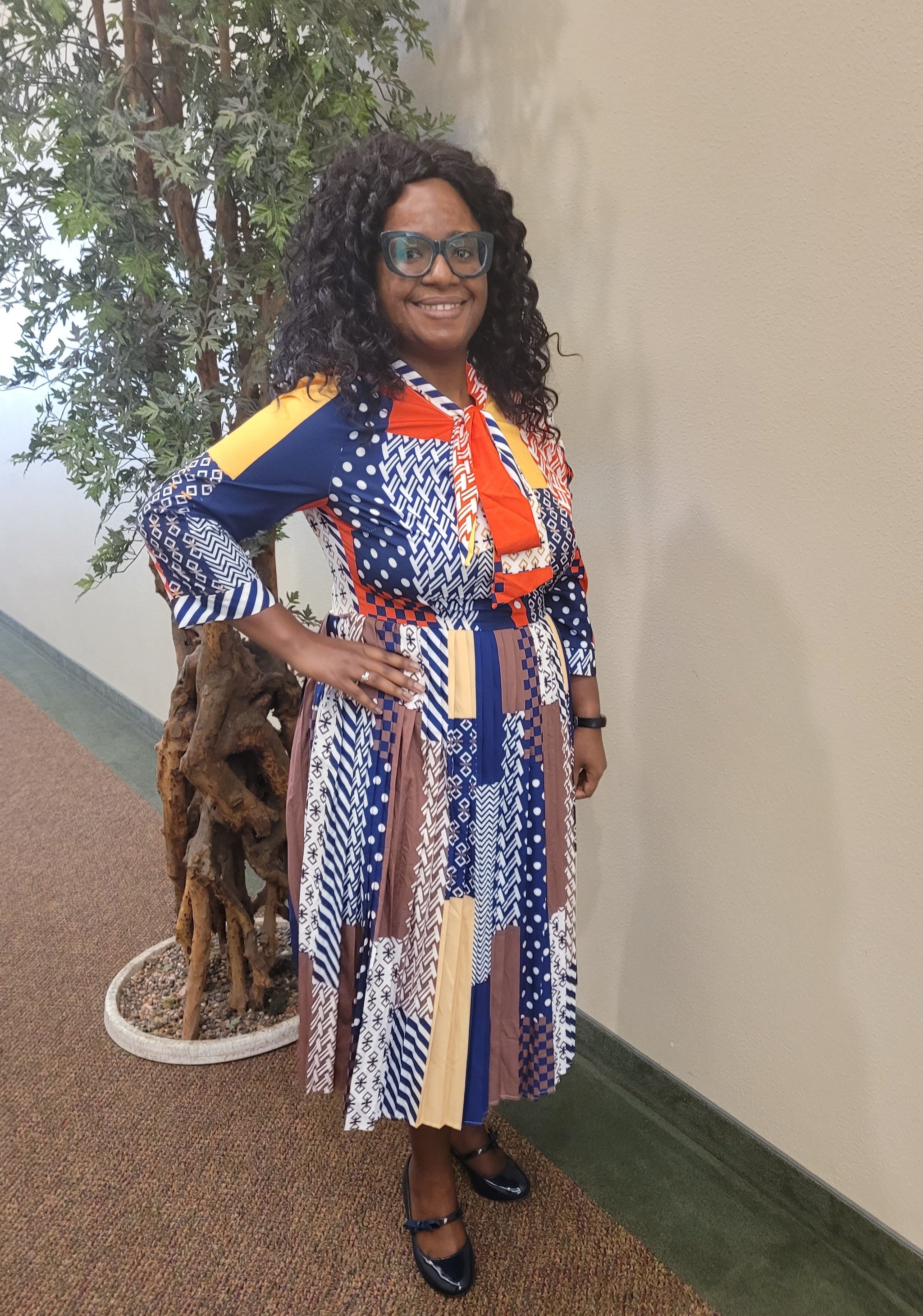 mixed print midi dress Mixed Print Midi Dress NAVY