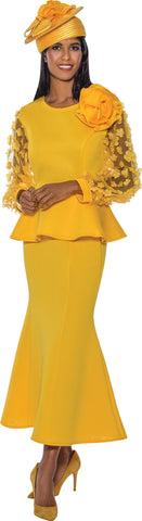 Stellar Looks 1552 mesh sleeve yellow skirt suit