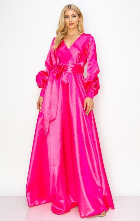 fuchsia maxi dress with sleeves Solid Puff Sleeve Maxi Dress L / Fuchsia