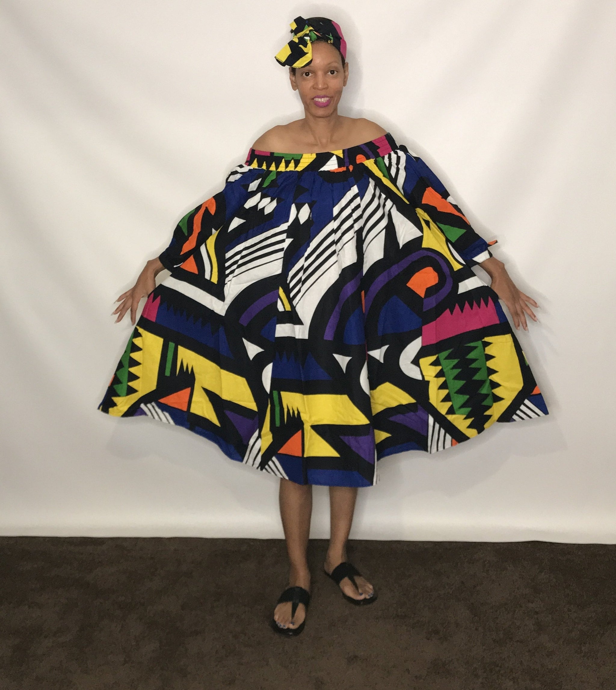 off shoulder dress african print African Print Off Shoulder Dress Blue Multi / One Size