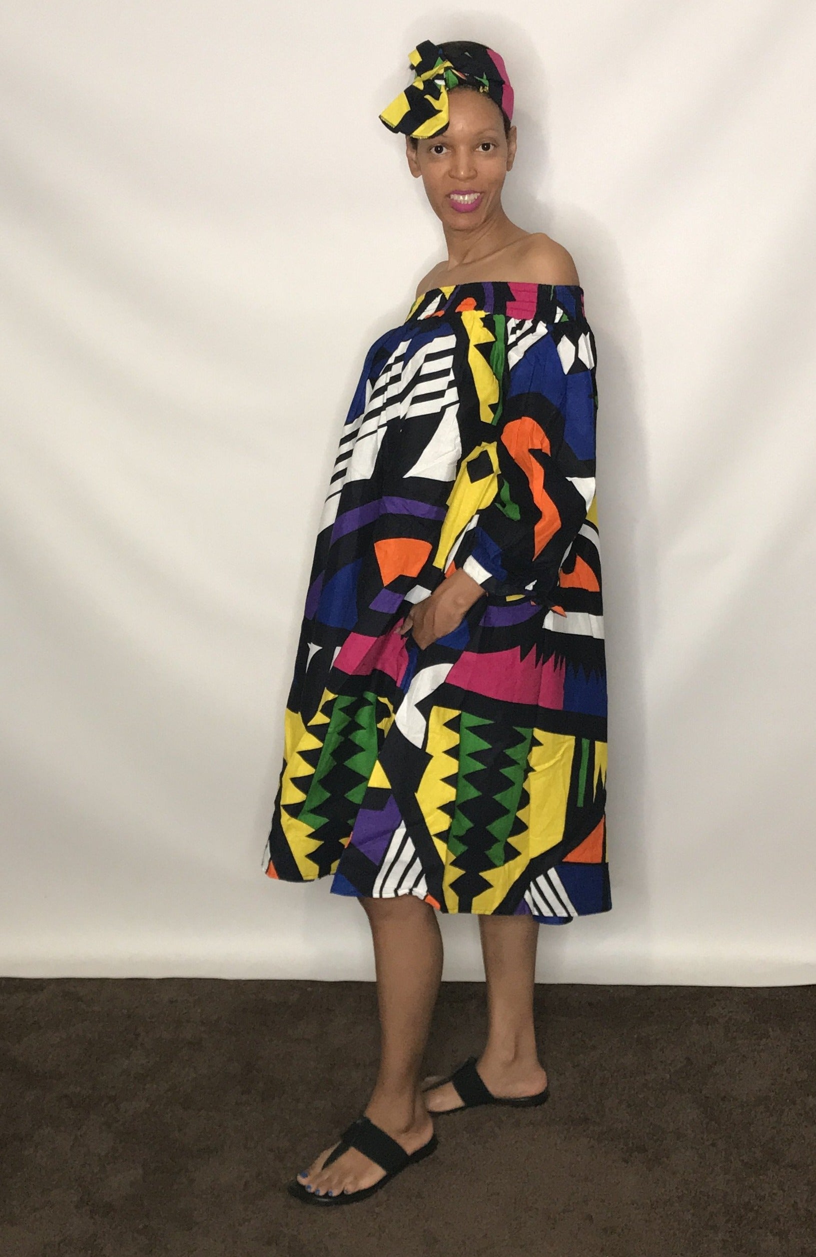 African Print Off Shoulder Dress Blue Multi / One Size African Print Off Shoulder Dress Blue Multi / One Size