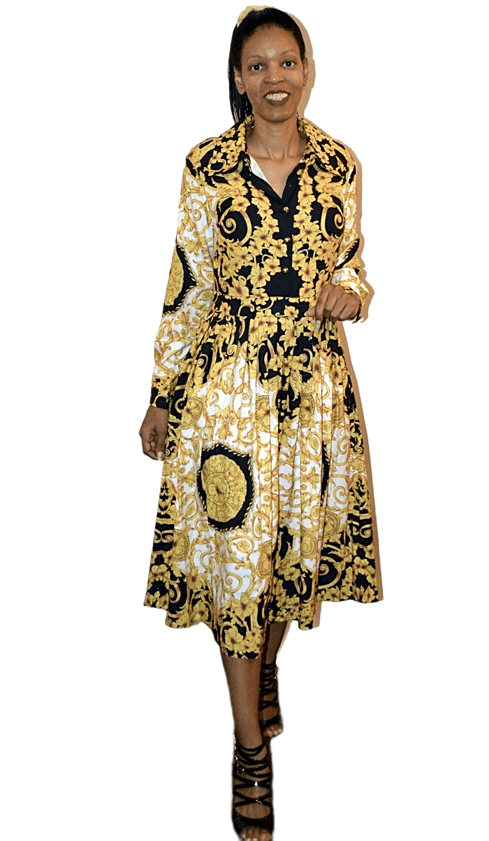 A-Line Skater Midi Dress Gold/Black / 4