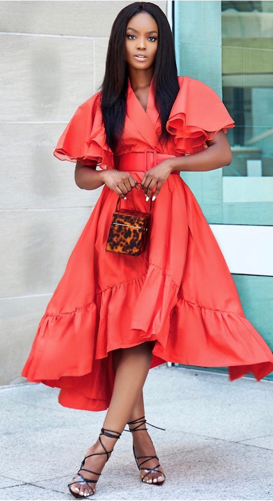 ruffle hem dress Belted Ruffle Hem High-Low Dress