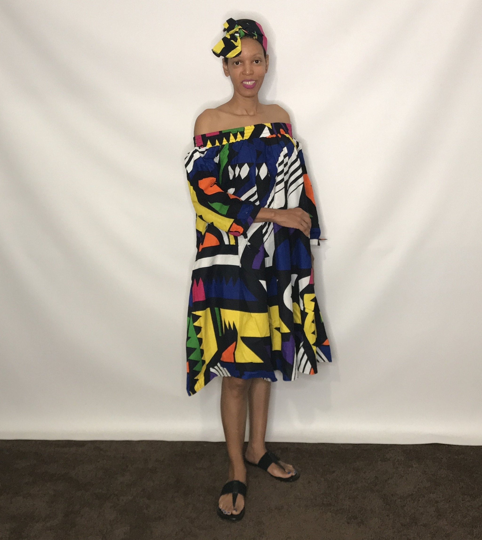 off shoulder african print dress African Print Off Shoulder Dress Blue Multi / One Size