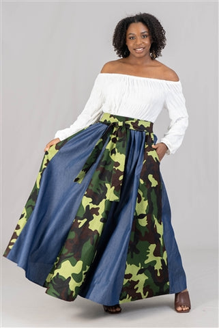 Denim Camo Print Maxi Skirt