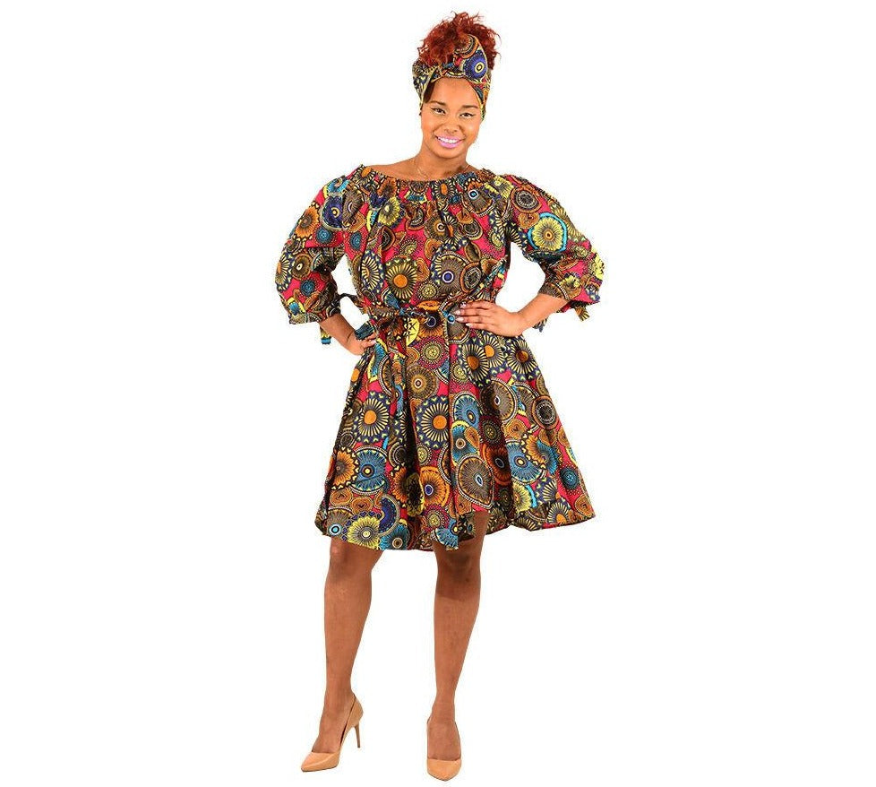 African Print Off Shoulder Dress Green Multi / One Size