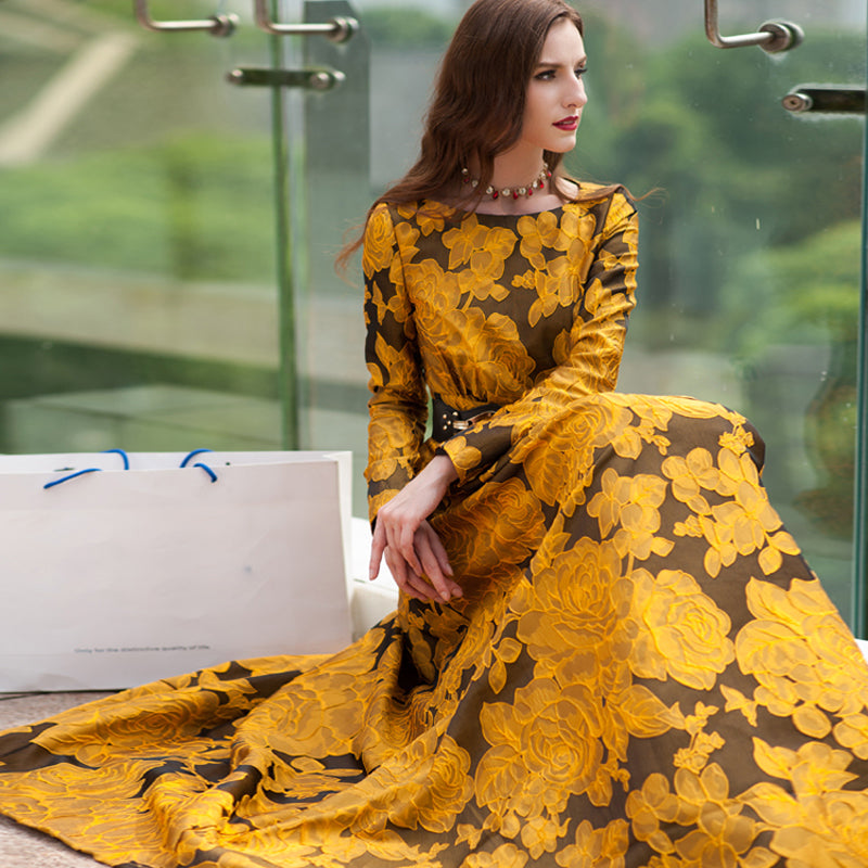 Long Sleeve Floral Jacquard Long Dress Long Sleeve Floral Jacquard Long Dress