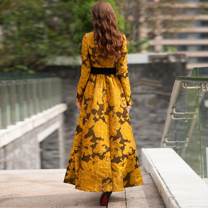 jacquard long sleeve dress 251M4458 A-line Full Sleeves Jacquard Long Dress