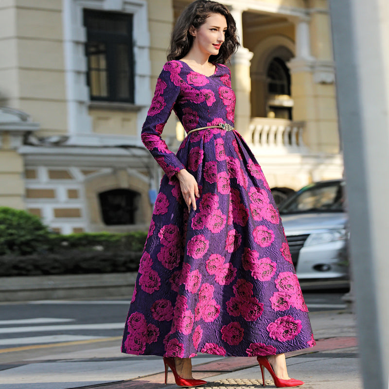Long Sleeve Jacquard Floral Long Dress – Diva's Den Fashion, LLC